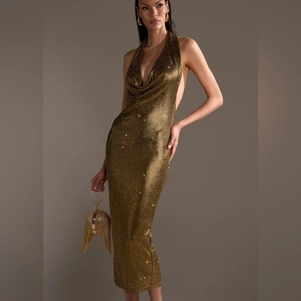 AKIRA POPPIN' BOTTLES RHINESTONE MAXI DRESS IN GOLD - Picture 4 of 7